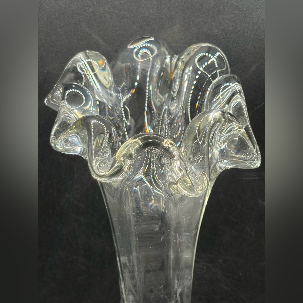 Vintage Mid Century Swung Glass Vase Chunky Ruffled Thick Walled Vessel Decor - Picture 3 of 14